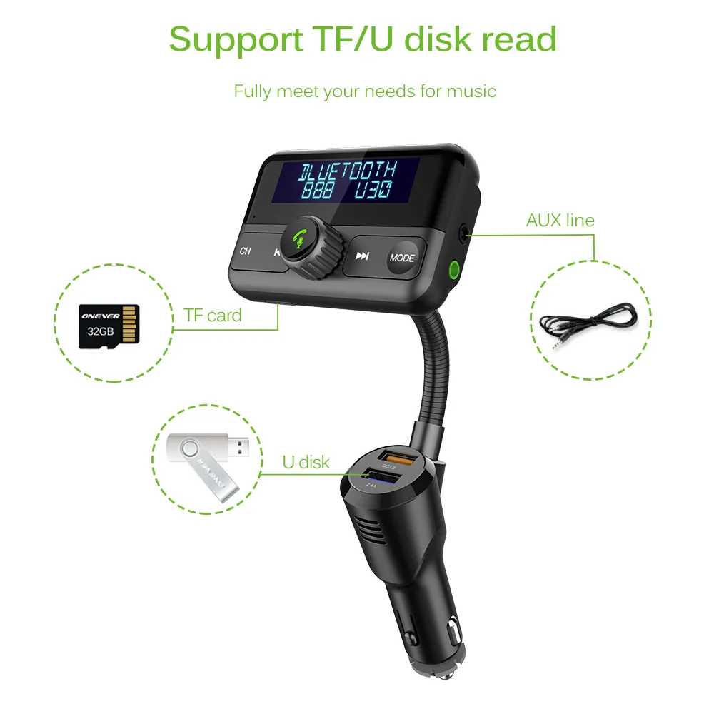 Car USB FM Transmitter Mp3 Music Play Tool LCD Display Charger Adapter Dual Bluetooth IC Sound Control |