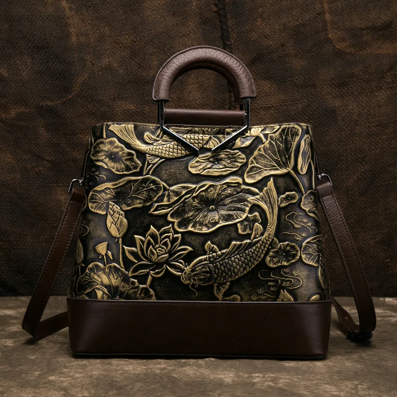 Натуральная кожа, сумка-мессенджер, сумка на плечо, рисунок рыбы, китайский стиль, женская сумка из натуральной воловьей кожи, высокое качество, женская сумка с верхней ручкой