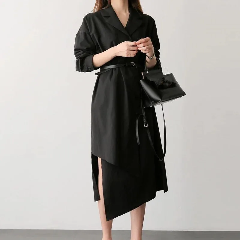 

2019 New Solid Color High Waist Irregular Shirt Dress Women Lapel Long Sleeve Belt Mid Dresses Female Casual Dress