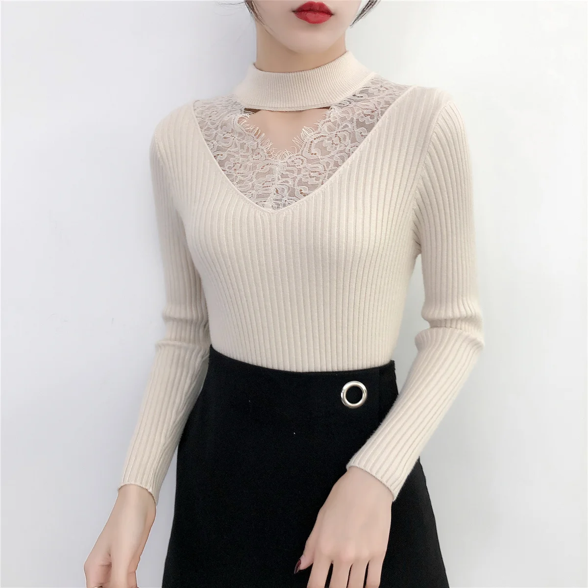 Korean Spring Autumn Sexy V-neck Knited Pullovers Sweaters Casual Lace Patchwork Long Sleeve Elasticity Slim-fit Tight Sweater 