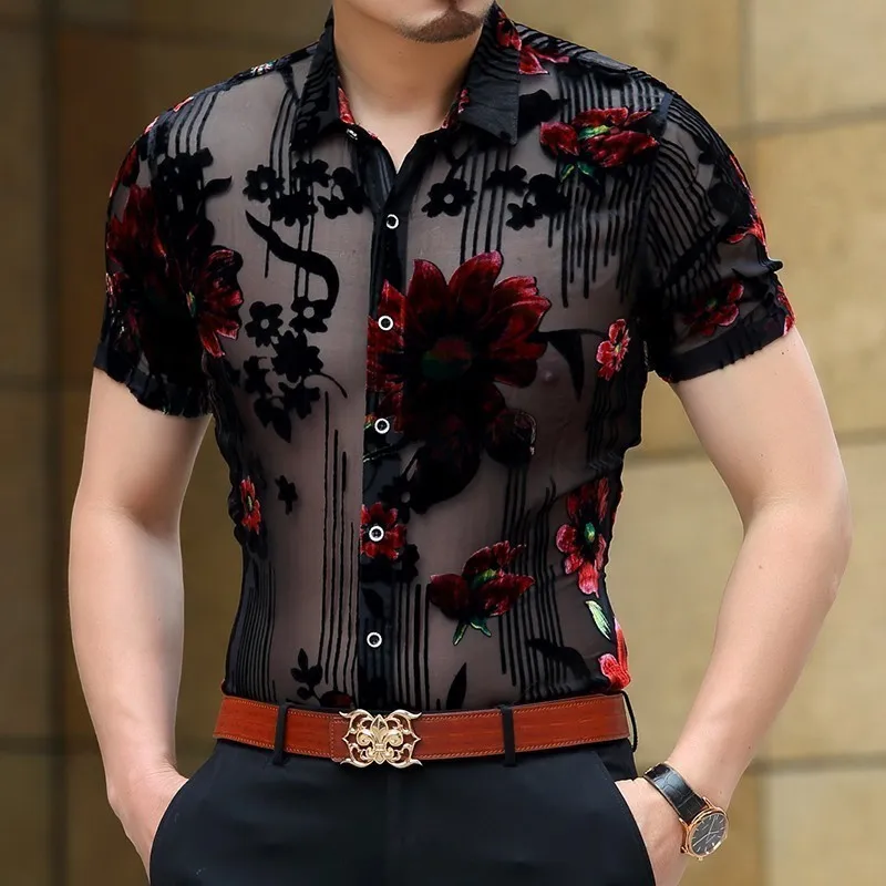 

Men Club Party 2019 New DJ Prom Shirt Short Sleeve Chemise Homme Transparent Flower Velvet Shirt Men See Through Lace Shirt