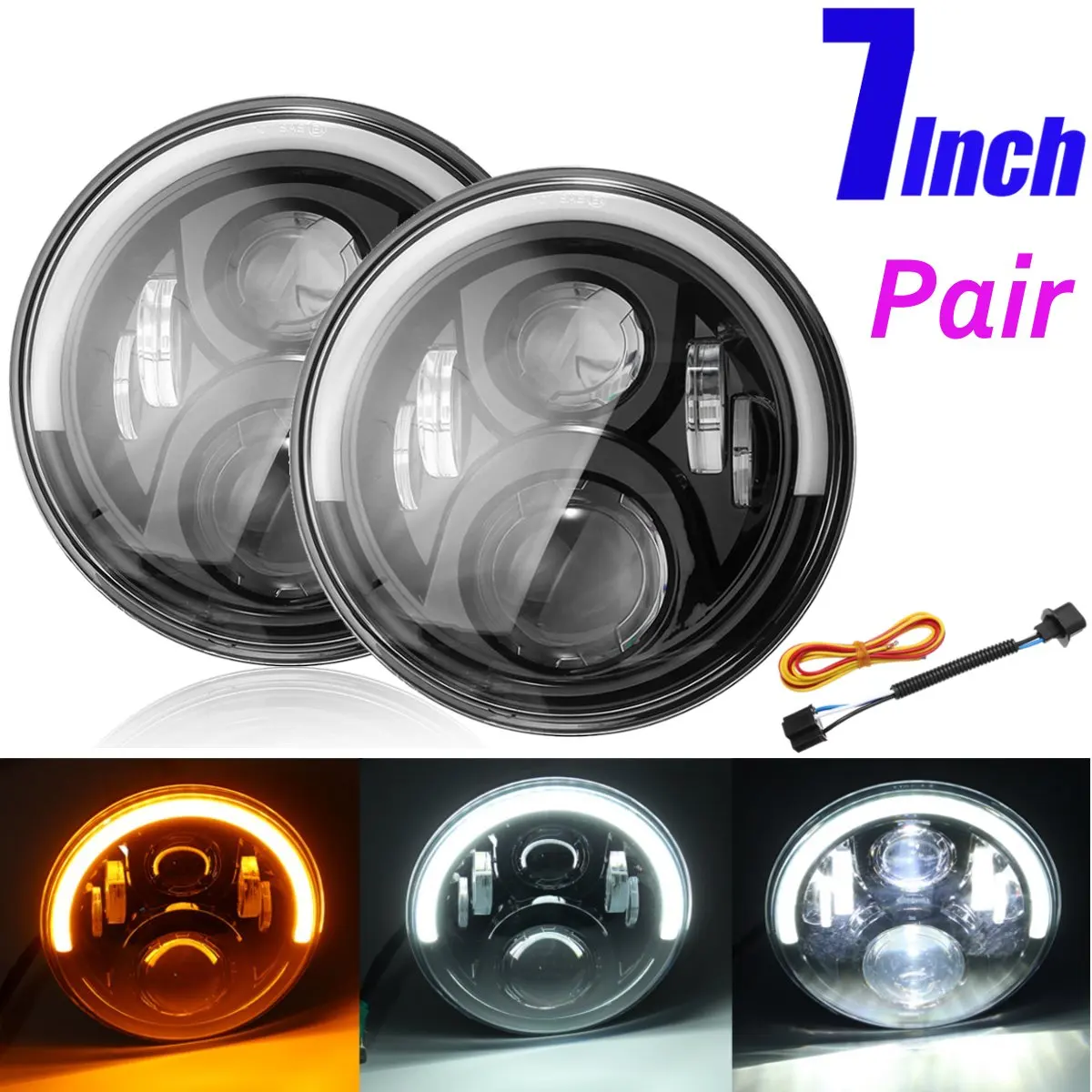 

for harley for Wrangler 2007-2016 50W 7''/17.8cm Angel Eyes LED High/Low Beam DRL Turn Signal Headlight w/ H4-H13 Harness PAIR
