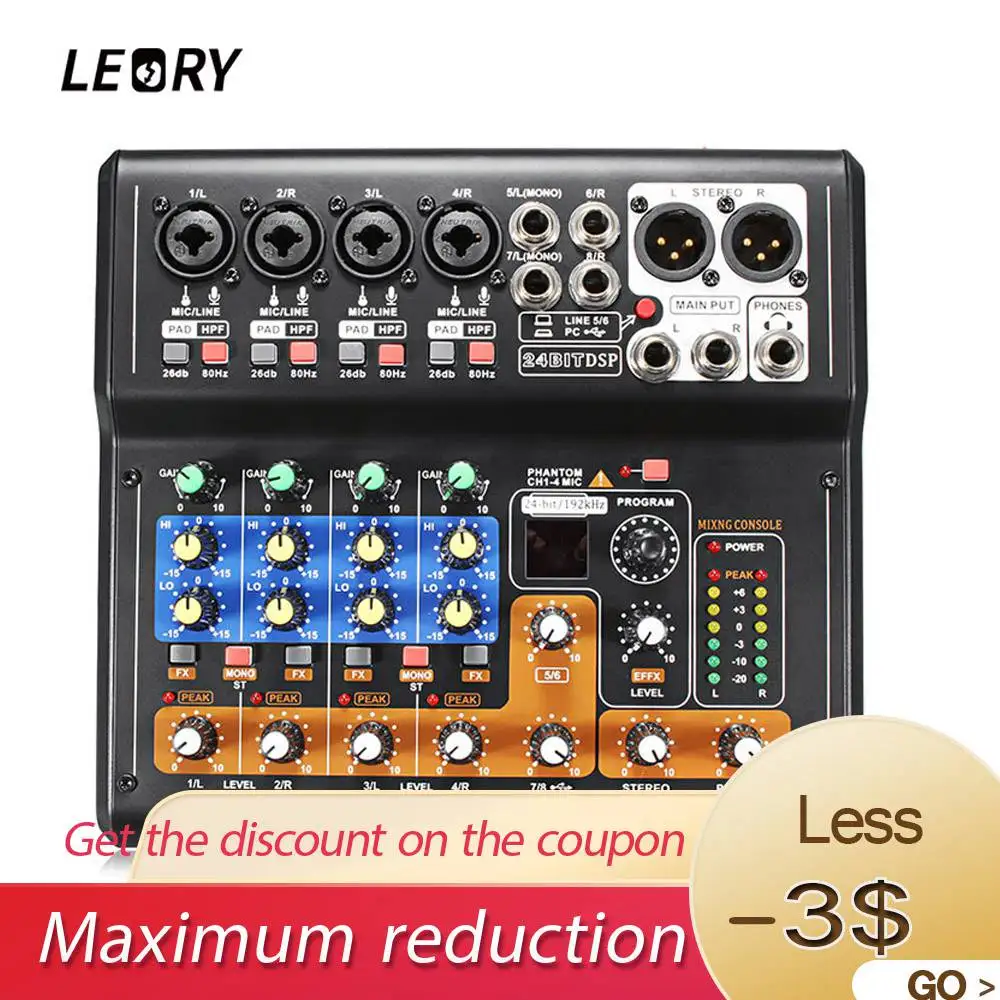 

LEORY Mini Karaoke Audio Mixer Console 8 Channel Microphone Sound Digital Mixing Amplifier Built-in 48V Phantom Power With USB