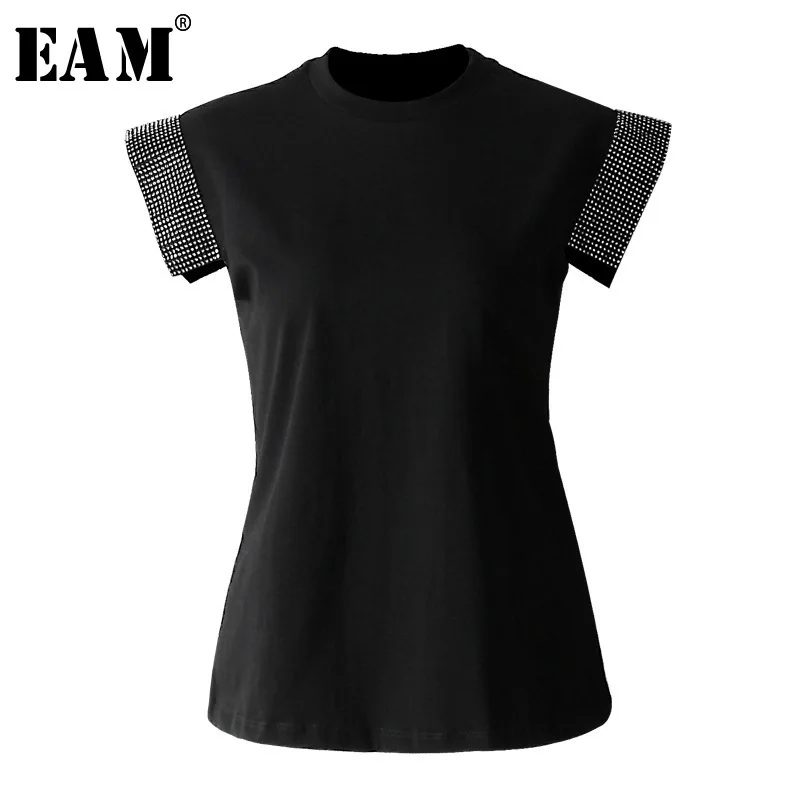 

[EAM] 2019 New Spring Summer Round Neck Short Sleeve White Nailed Split Joint Shining Loose T-shirt Women Fashion Tide JO141