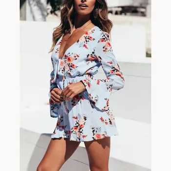 

Sexy Floral Print Women Rompers Elegant Long Sleeve Ruffled Bow Short Jumpsuit Romper Summer Boho Beach Overalls