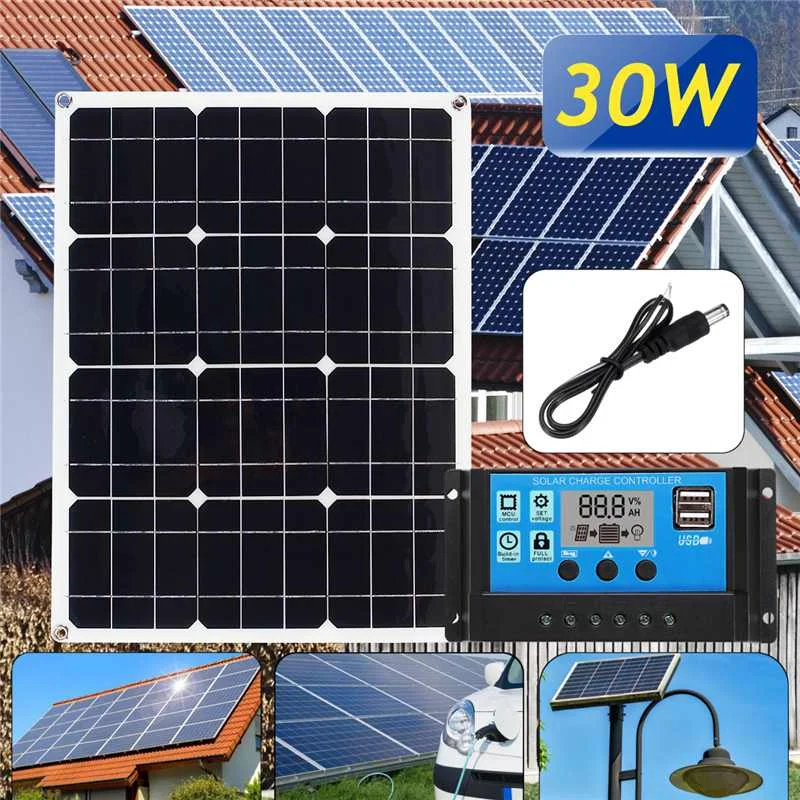

Hot 3in1 30W 12V/5V DC USB Solar Panel Kit Solar Power System Suit 20A PWM LCD Display Multifunction Controller 30cm DC Cable
