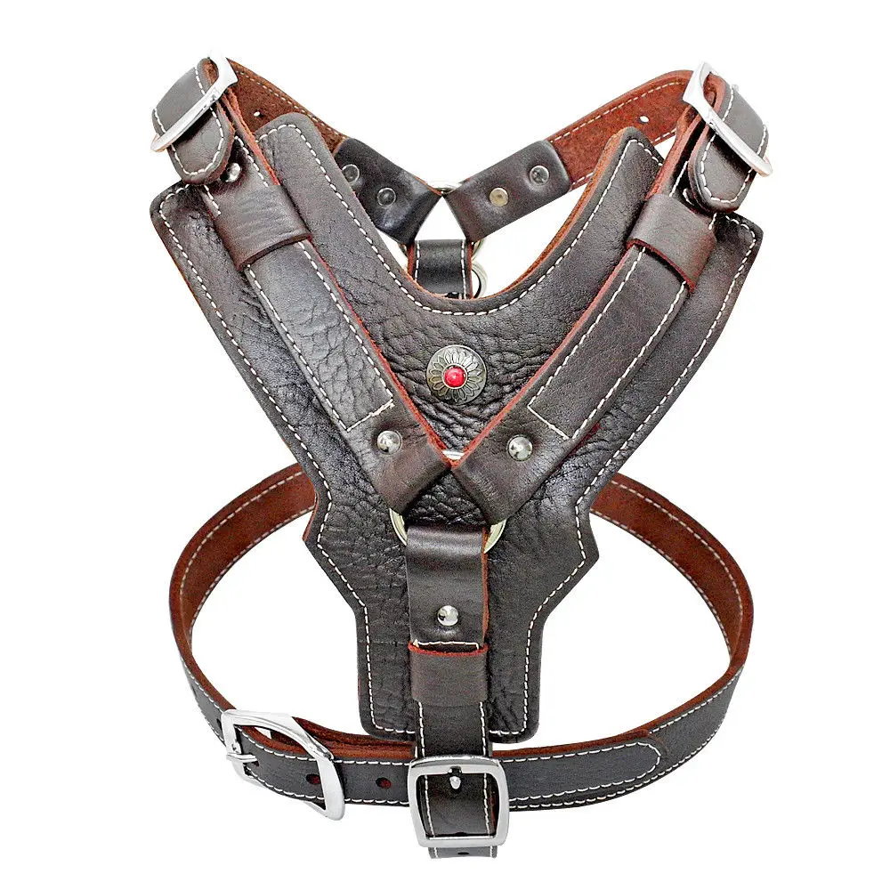 

Large Dog Harness Black Genuine Leather Adjustable Vest For Pit Bull Boxer