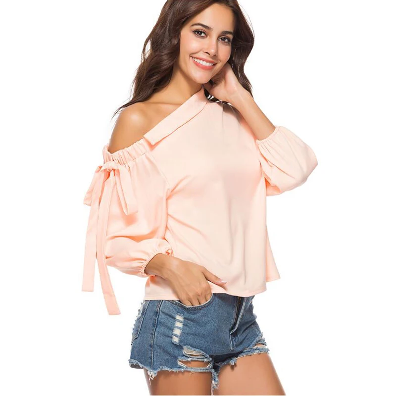 2019 Europe and the United States sweet temperament asymmetric inclined shoulder elastic lace female pure color shirt
