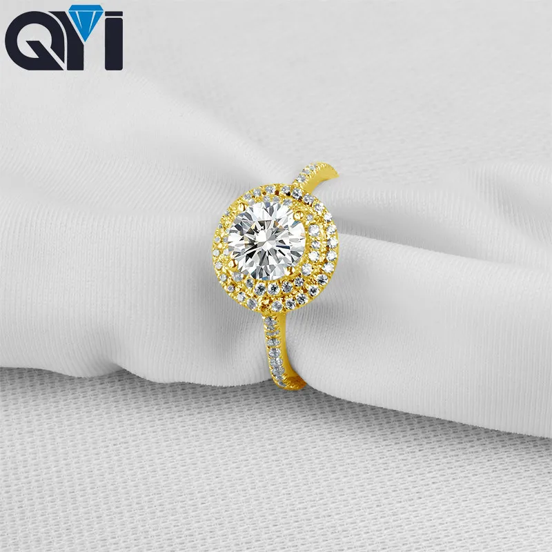 

QYI 1 Carat Round Cut 14K Solid Yellow Gold Halo Rings Women Moissanite Diamond Ring For Engagement Wedding Jewelry