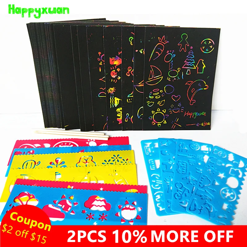 Happyxuan 50 sheets Magic Color Rainbow Scratch Paper Card Set with Graffiti Stencil for Drawing DIY Art Painting Toy Kids 