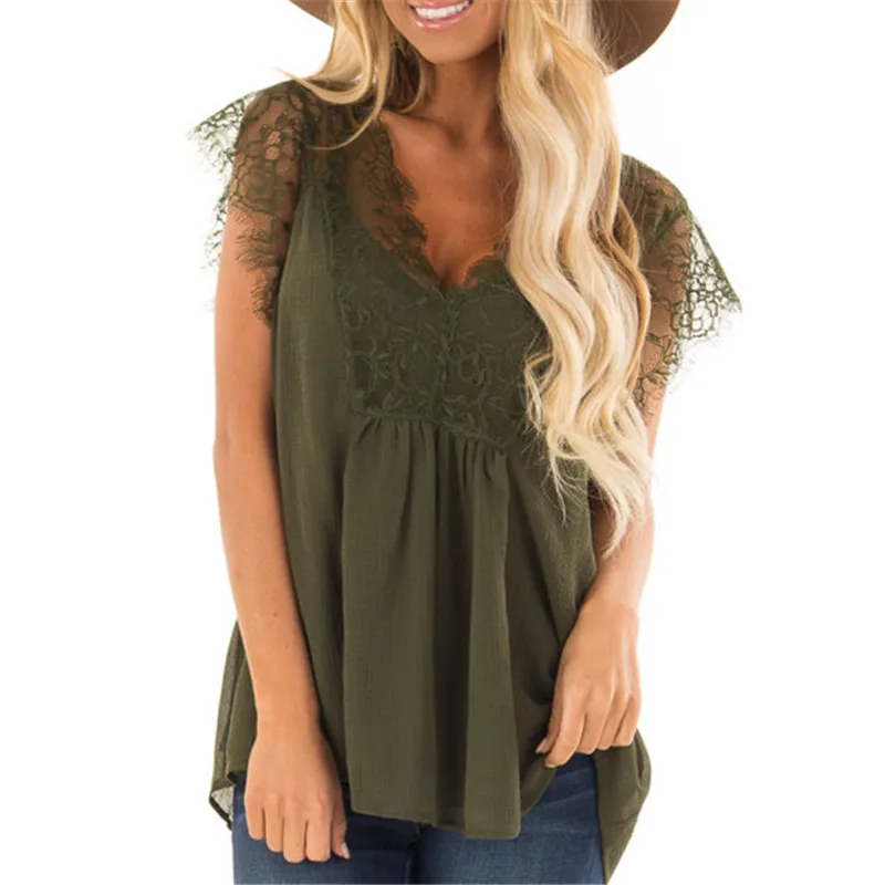 Fashion Ladies Lace Stitching Solid Color Elegant T-Shirt V-Neck High Waist Hollow Crease Comfortable Chiffon T-Shirt Sizes S-XL