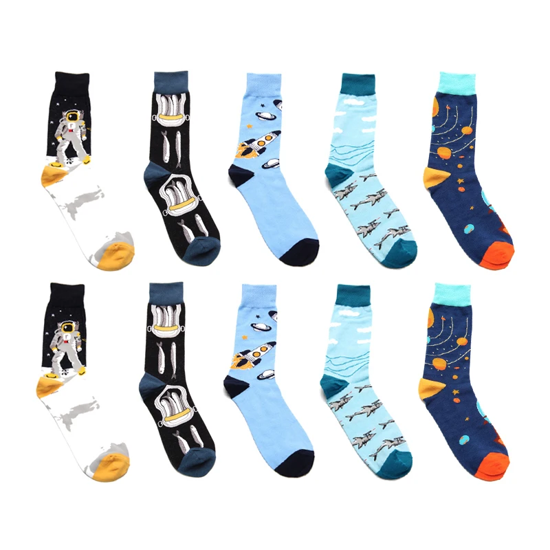 

Men Socks Cartoon Cosmic Rocket Astronaut Canned Fish Harajuku Hip Hop Happy Funny Casual Street Skate Cotton Hosiery Fashion