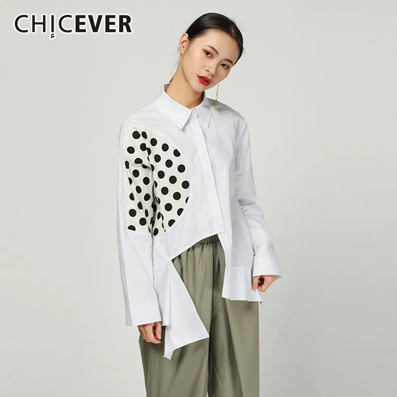 

CHICEVER Patchwork Polka Dot Blouse Women's Shirts Lapel Long Sleeve Irregular Hem White Blouses Spring Casual Clothes New