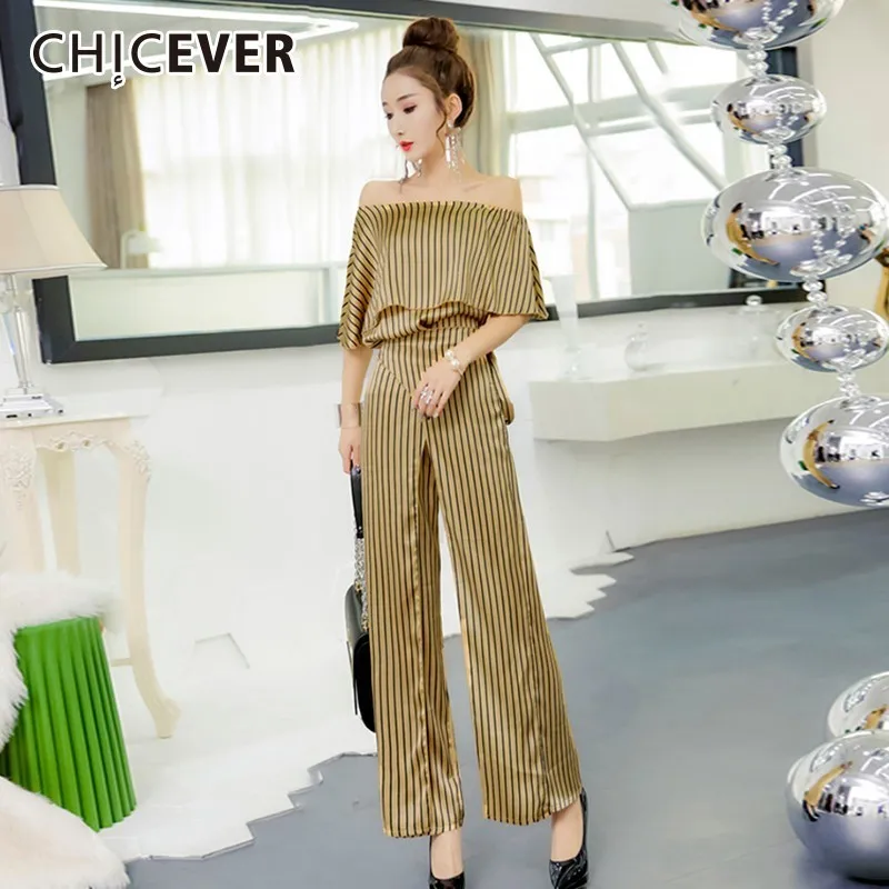

CHICEVER Spring Striped Women Two Piece Set Slash Neck Pullover Top Clothing With High Waist Slim Split Wide Leg Pants Tide 2019