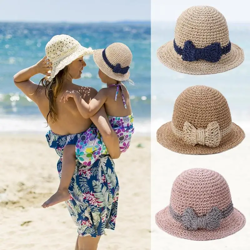 

Summer Straw Hats Child Sun Hat Bow Seaside Beach Cap Manual Weave Caps