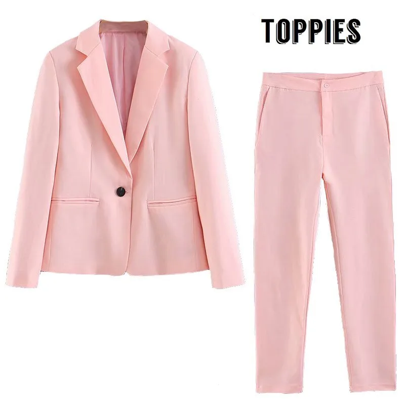 

2019 OL Pink Two Piece Suit Set Spring Summer Single Button Blazer Jacket High Waist Suit Pants Women Leisure Two Piece