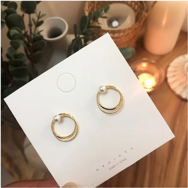 

Simple Temperament Pearl Earring Retro Double Metal Pearl Ear ring Fashion Jewelry For Women Openwork Circle Circle 2019