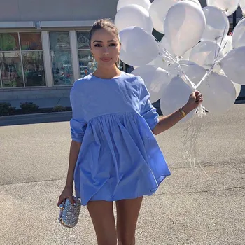 

New Casual Sweet Summer Women Long Sleeve Shirt Elegant Party Blue Women Blouse Tops