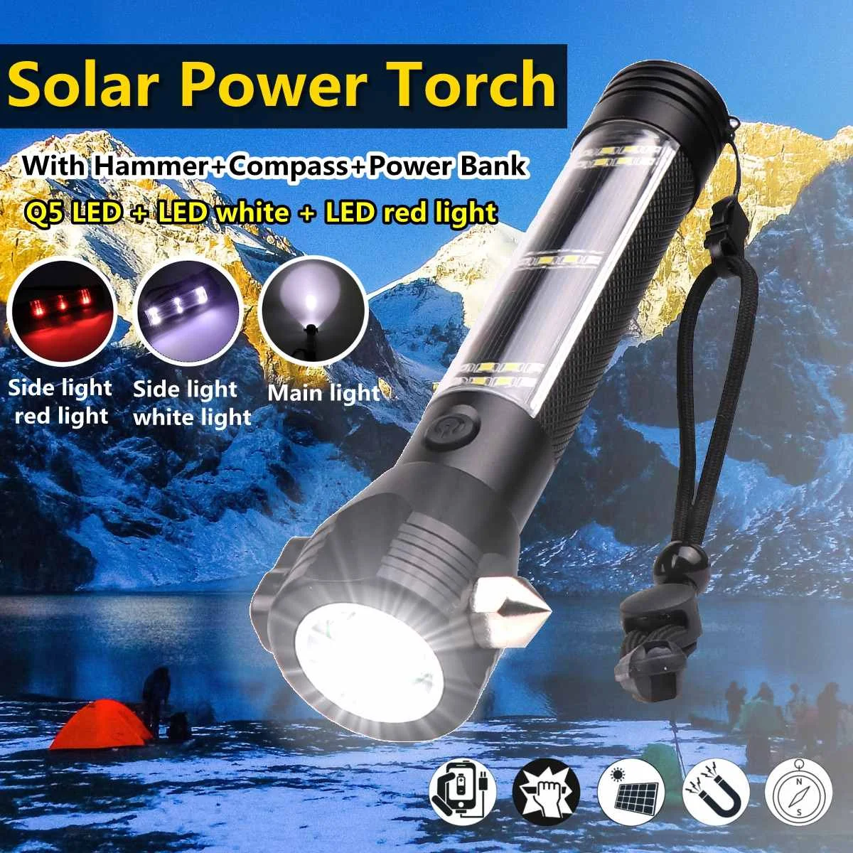 

Solar Light 9 in 1 Multi-Functional LED Flashlight 18650 Battery Power Bank Outdoor Sport Emergency Survival Tool