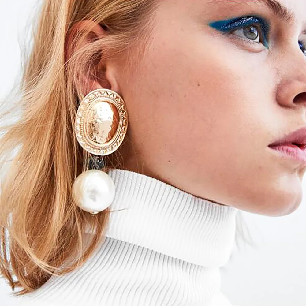 

UAM 2019 Fashion Statement Golden Round Simulated-Pearl Drop Earrings For Women Ladies Wedding Party Fashion Jewelry Hot Sale