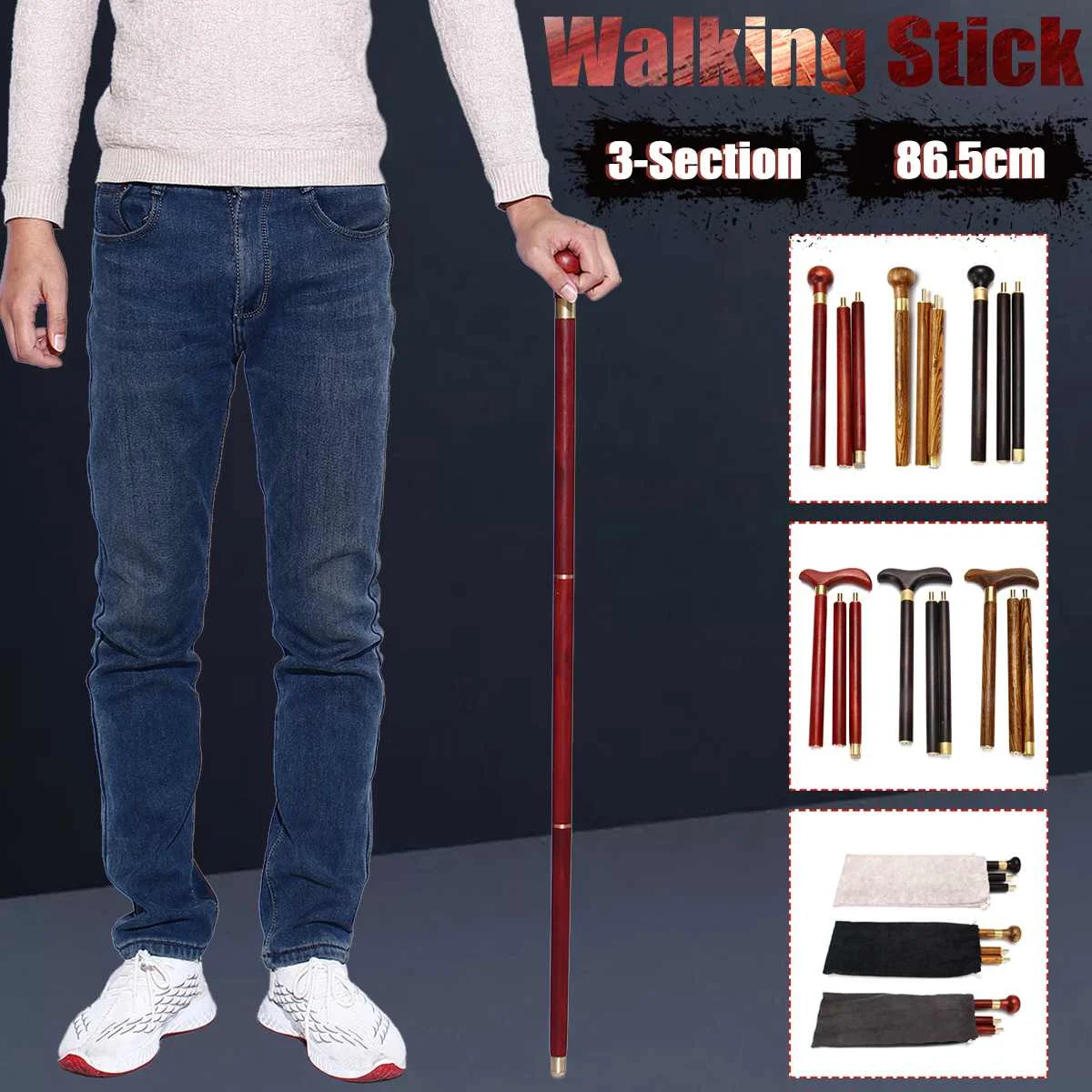 

Bird /Round Head 3-Sections 86.5cm Walking Stick Wood Foldable Travel Cane Camping Trekking Gentleman Walk Stick with Cloth Bag