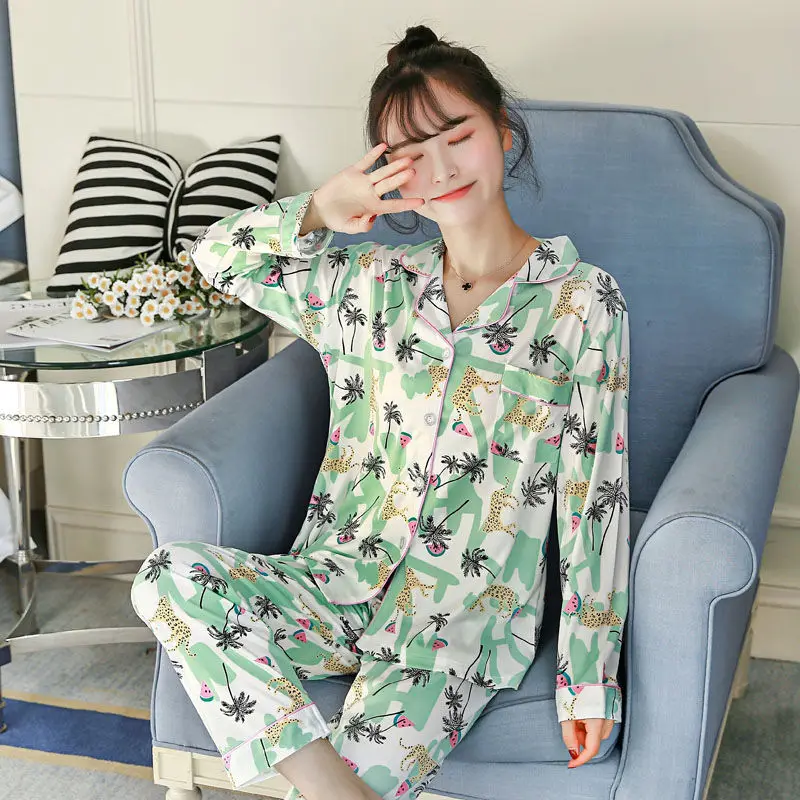 

WAVMIT 2019 Spring Women Comfortable Cotton Pajama Set Girl Print Pyjama Set Long Sleeve Sleepwear Suit Women Nightshirt Sets