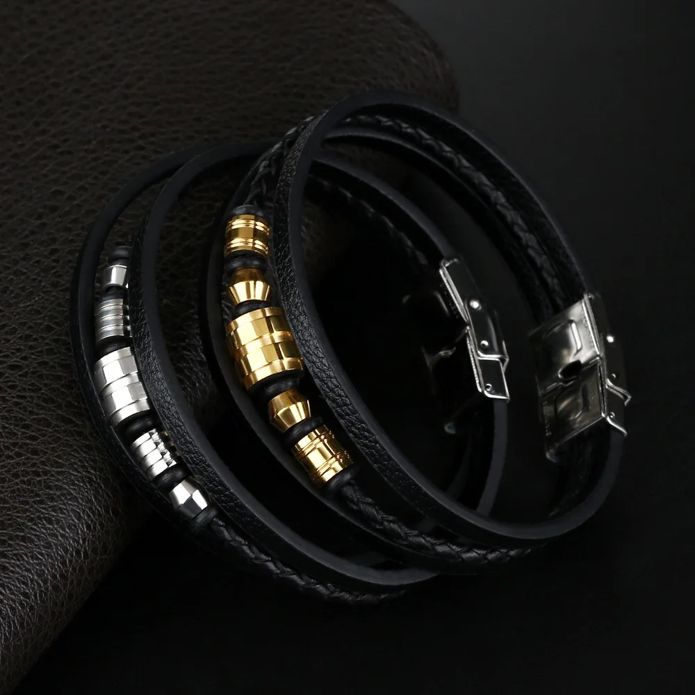 

Multi Layer Leather Bracelets for Men silver &golden geometric Stainless Steel bracelets Genuine Leather Pulseira Charm Jewelry