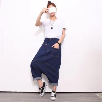 

2019 Summer Women Calf-Length Wide Leg Cross-Pants New Fashion Bottoms Zippers Pocket Jeans High Waist Haren Pants