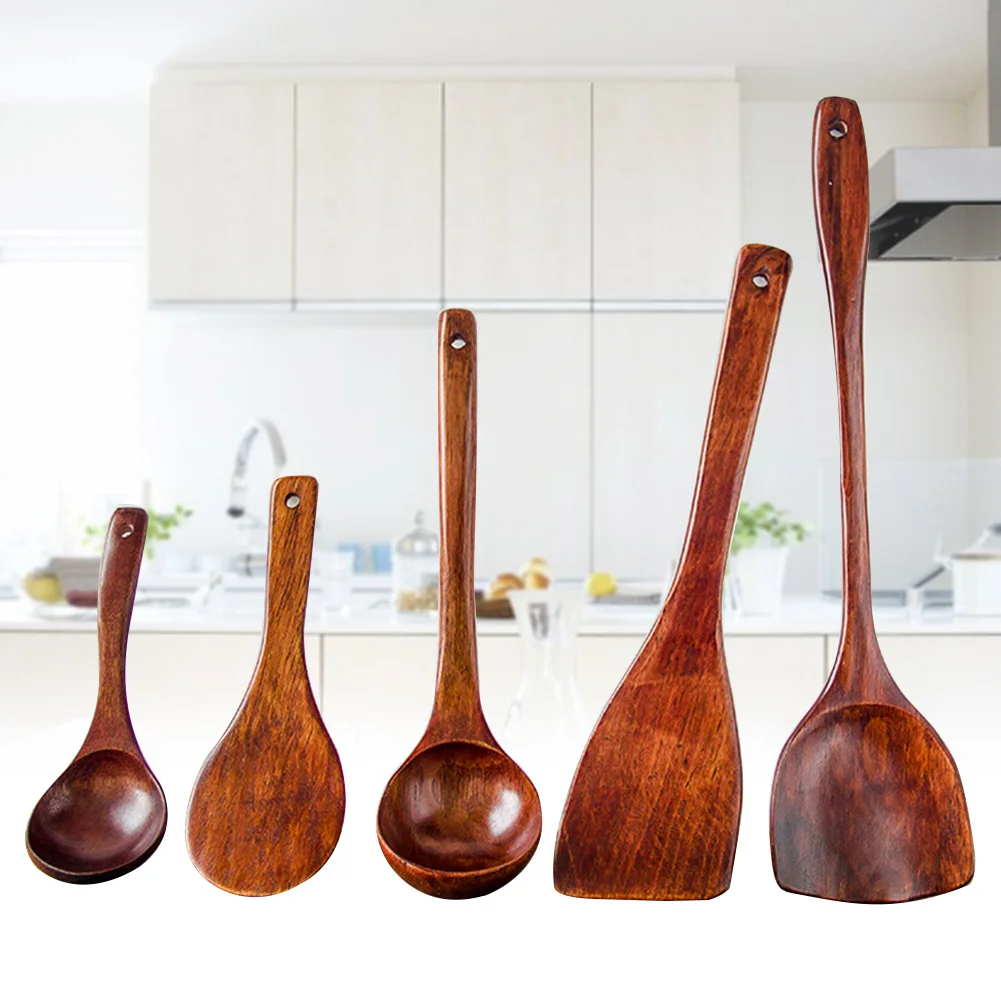 

5 Pcs/set Spoon Shovel Cooking Spatula Non-stick Scoop Home Kitchen Utensils Turners Dinnerware Long Wooden Handle Rice Soup