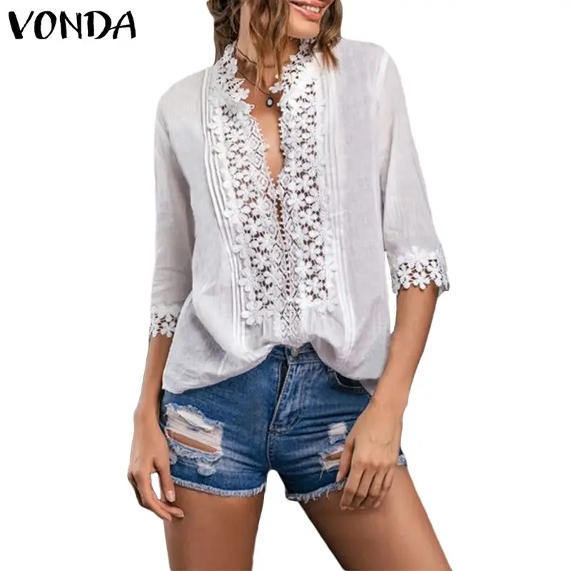 

VONDA Sexy Summer Women Blouses 2019 Vintage Seven Sleeve V Neck Lace Floral OL Office Shirt Beach Party Blusas S-5XL Blouse