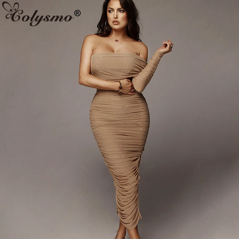 

Colysmo Off Shoulder Sexy Dress Women 2019 Summer Pleated Hight Split Long Bodycon Dress Ruched Mesh Party Club Elegant Dress