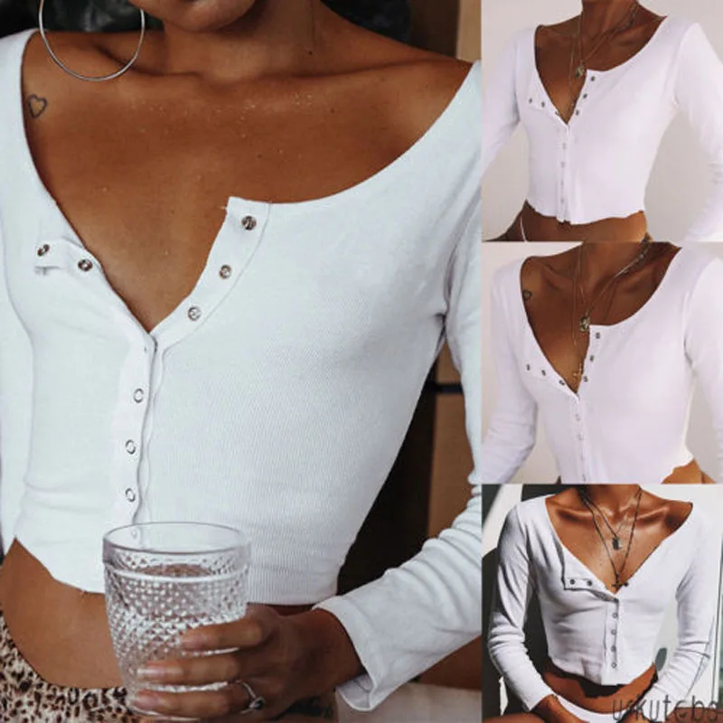 

2018 Brand New Fashion Hot Sexy Top Women Ladies Fashion Long Sleeve V-Neck Crop Top Casual Slim Shirt Solid T-shirt