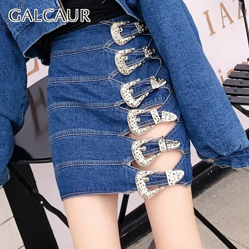 

GALCAUR Hollow Out Patchwork Denim Skirt For Women High Waist Button Solid Mini Skirts Female Fashion Clothes 2019 Spring New