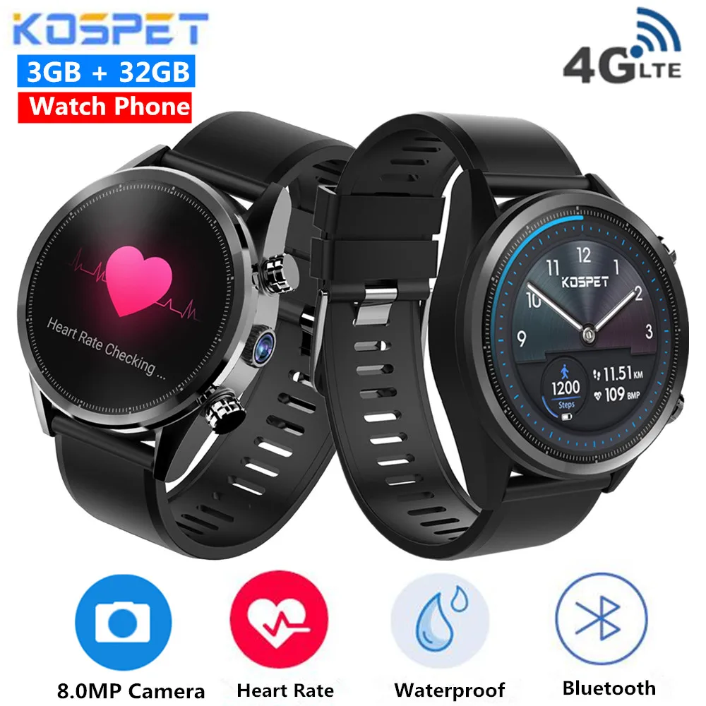 

Kospet Hope 4G Smartwatch Phone Android 7.1 Quad Core 1.3GHz 3GB 32GB 8.0MP Camera IP67 Waterproof Smart Watch for Android IOS