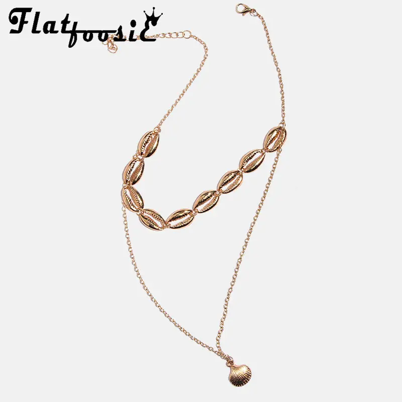 

Flatfoosie Bohemian Two Layers of Shell Pendant Necklace Natural Sea Shells Gold Color For Women Girls Seashell Choker Necklace