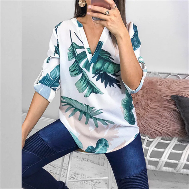 Women Ladies Flower Leaf print Blouses Fashion Ladies Chic V Neck Casual Long Sleeve Shirt Tops Blouse blusas mujer de moda 2019 Women Ladies Flower Leaf print Blouses Fashion Ladies Chic V Neck Casual Long Sleeve Shirt Tops Blouse blusas mujer de moda 2019