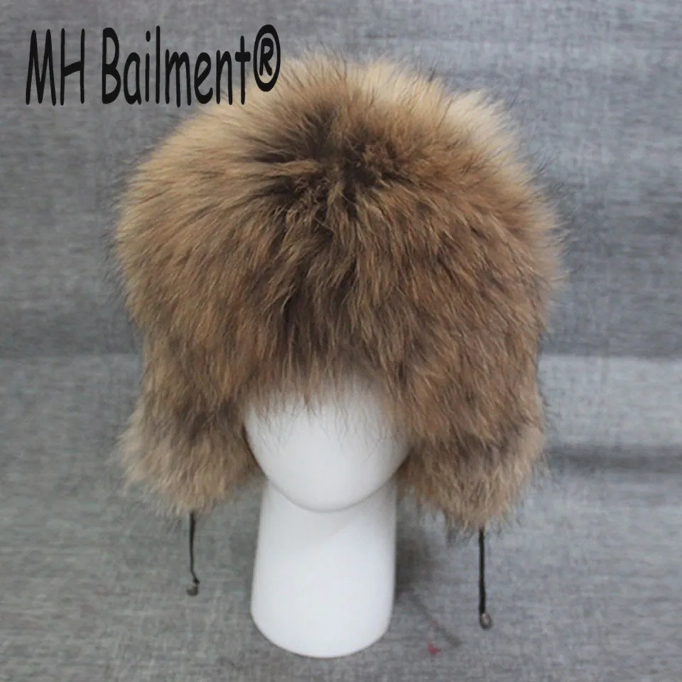 

New Real Raccoon Natural Color Hat Winter Warm Ear Cap with Pompom Solid Adjustable Size hat Real Fur Baby Beanies H#12