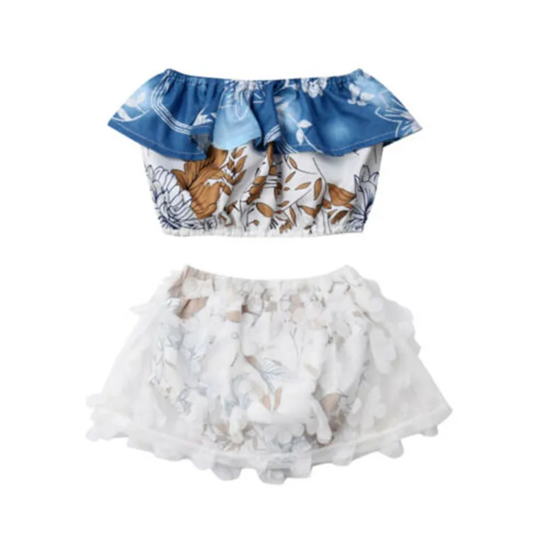 Для новорожденных девочек 3D цветок Топы укороченный тюлевые Шорты Платье 2 шт. наряды пляжный костюм два комплекта кружева печать девушка одежда