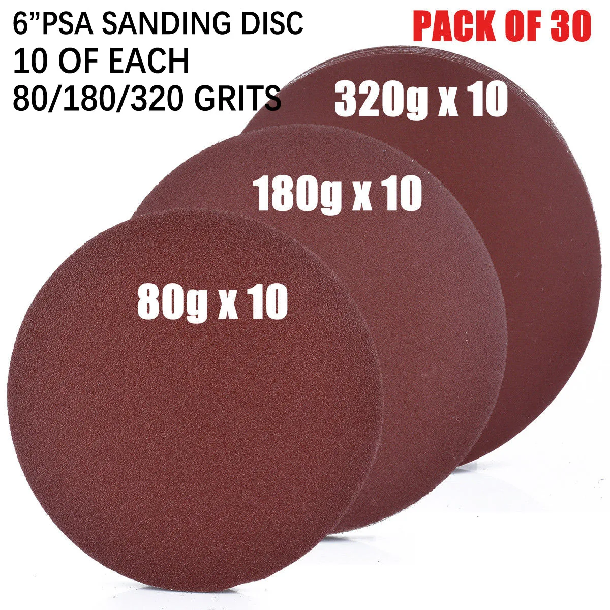 

30pcs 150mm Self Adhesive Sanding Discs 80/180/320 Grit - Sticky Pads Sandpapers