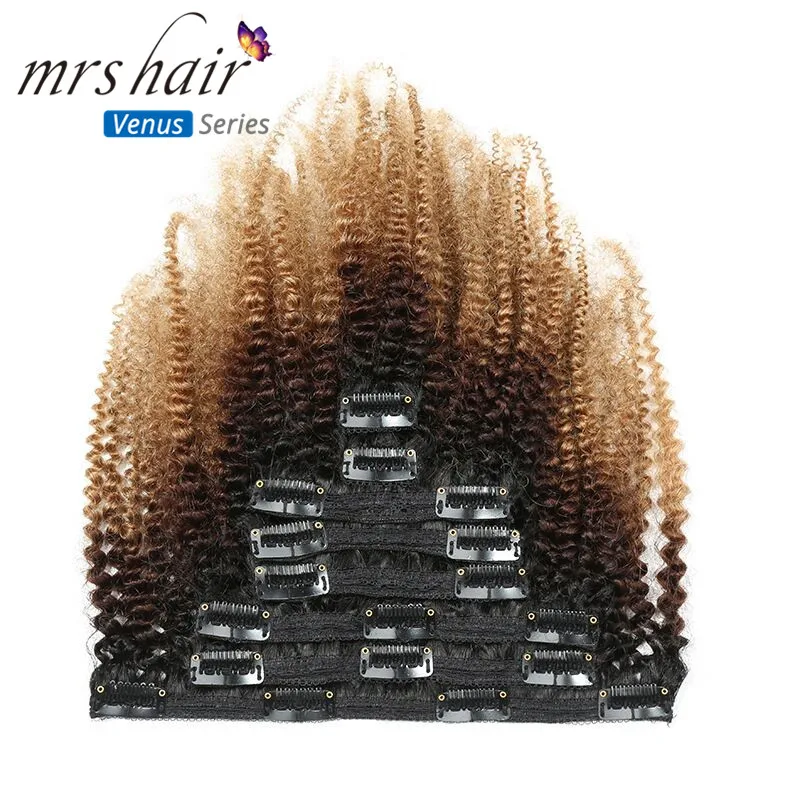MRS Hair 120g Clip Full Head 1B/4/27 Afro Kinky Curly Clip In Hair Extensions 8pcs/set Brazilian Human Extension Clip Hair