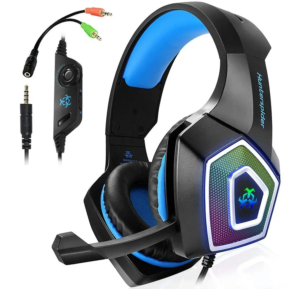 

Hunterspider Gaming Headset For PS4, 3.5Mm Stereo Sound Cable Headset With Microphone Colorful LED Light Headphones For Laptop