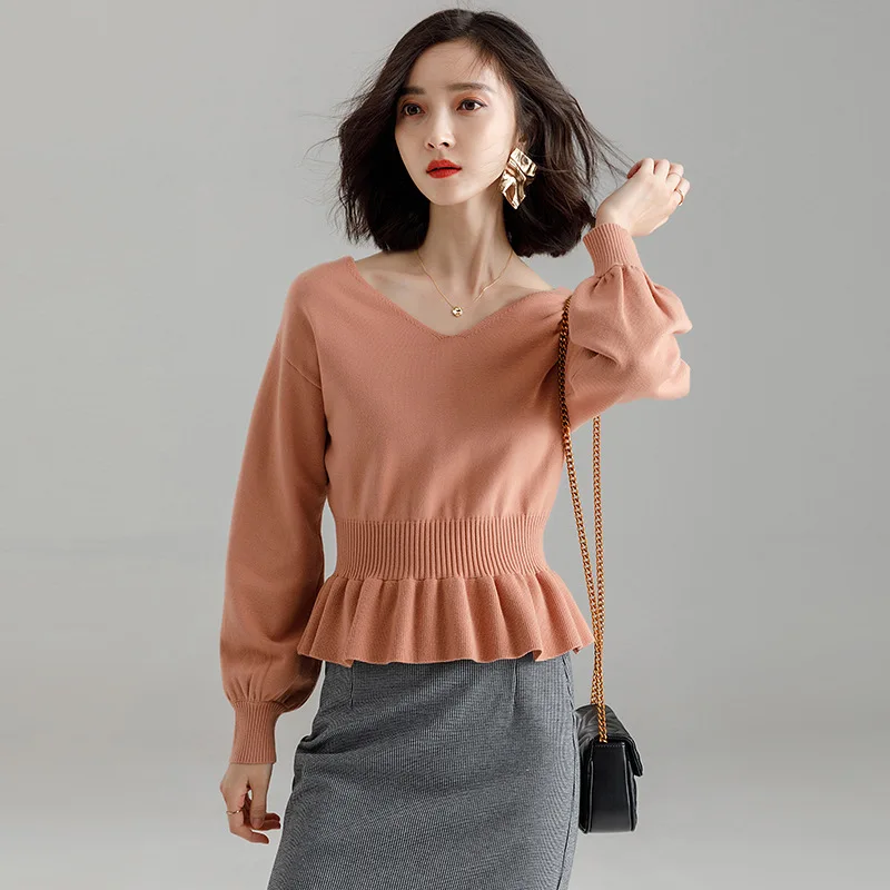  2018 new women's autumn v-neck sweater loose all-match bottoming sweater long-sleeved women's lantern sleeve sweater i6256
