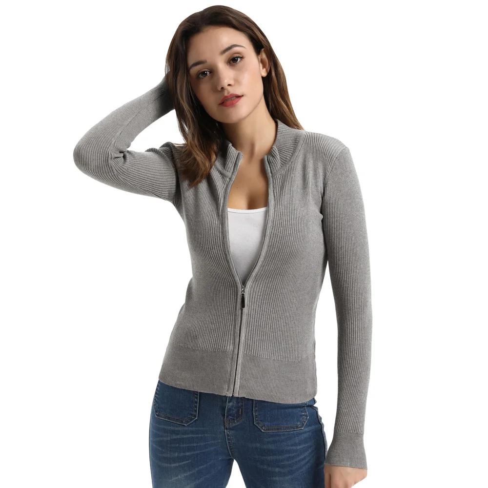 

Spring Autumn knitted coat Women solid color Stand Collar Zip-Up Knitwear Cardigan Knitting Comfortable Coat jacket knitwear