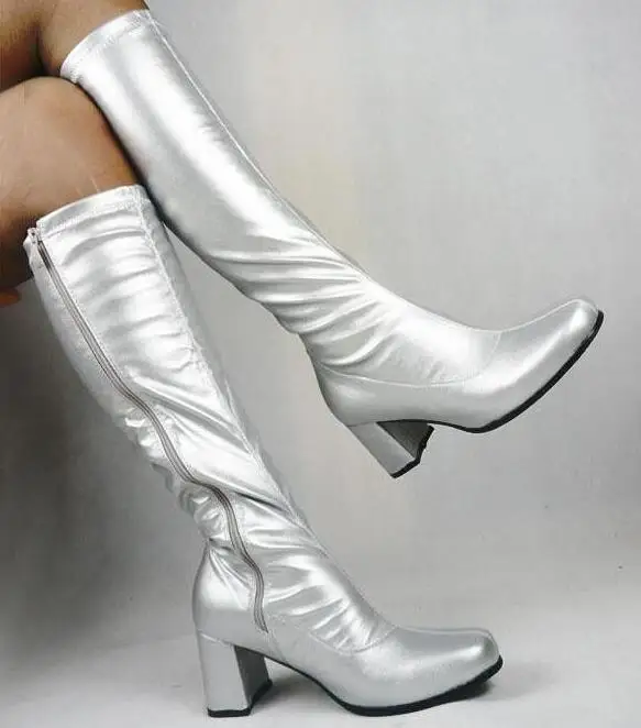 

Big Sale Black Red Shinny Patent Leather Round Toe Side Zipper Knee High Boots For Women Candy Color Chunkly Heel Women Shoes