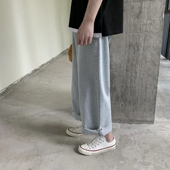 

2019 Korean Men Casual Loose Classic Blue Thin Wide Leg Cowboy Straight Pants Baggy Jeans Wash Biker Denim Trousers Homme M-2XL