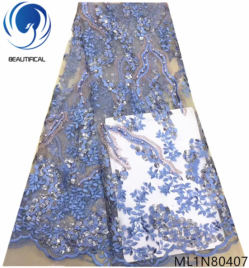 

Beautifical embroidered blue lace fabric european lace fabric french net 5 yards/lot nigerian lace fabrics with sequins ML1N804