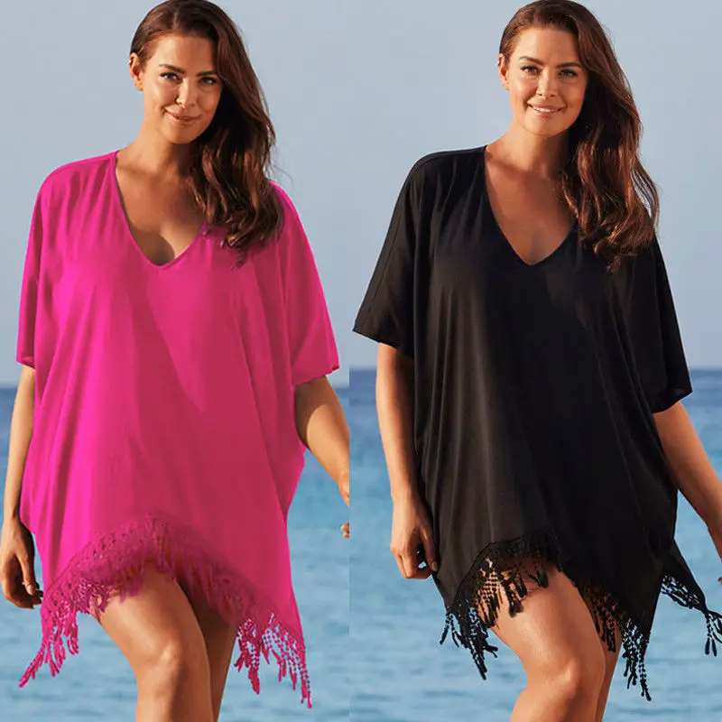 

Plus Size New Women Summer Mini Dresses Long Tops Party Beach Casual Short Dress Tassel Bikini Swimwear Swimsuit Sexy Cover-Ups