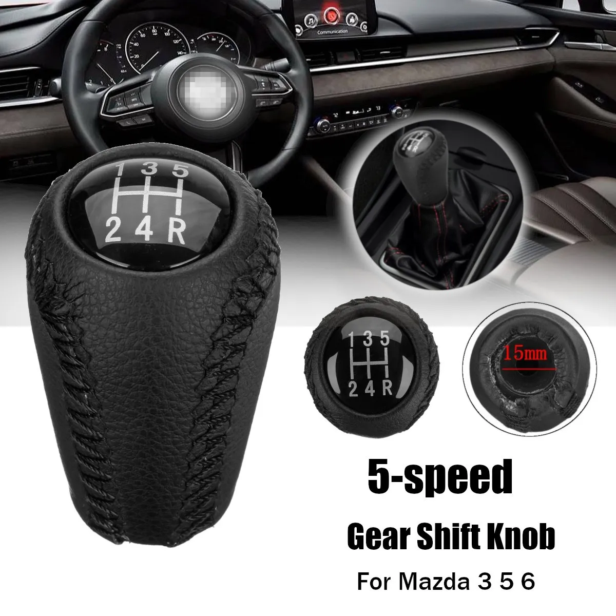 

5 Speed PU Leather Car Gear Stick Shift Knob Head Shifter for Mazda 3 5 6 Series Black