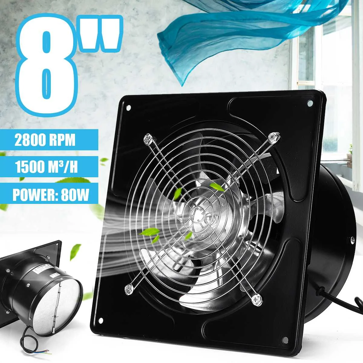 

8inch Wall Extractor Ventilation Fan Low Noise High Speed Ventilator Industrial Exhaust Panel Fan for Kitchen Window Toilet