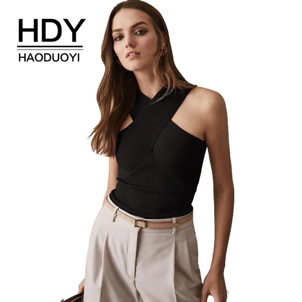 

HDY Haoduoyi Femme Black Summer Render Vest Simple Sexy Pure Ribbed Neckline Cross-shoulder Undercoat Intersecting Strapless Top